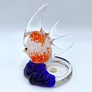 PartyLite Riviera Orange Blue Angel Fish Art Glass Tea Light Candle Holder P7154